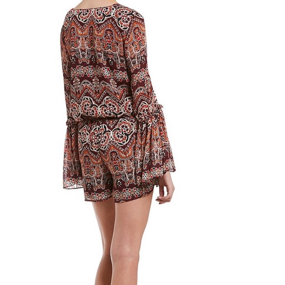 Chelsea & Violet Lurex V-Neck Romper with Beautiful Bell Sleeves in Burgundy - Picture 3 of 6